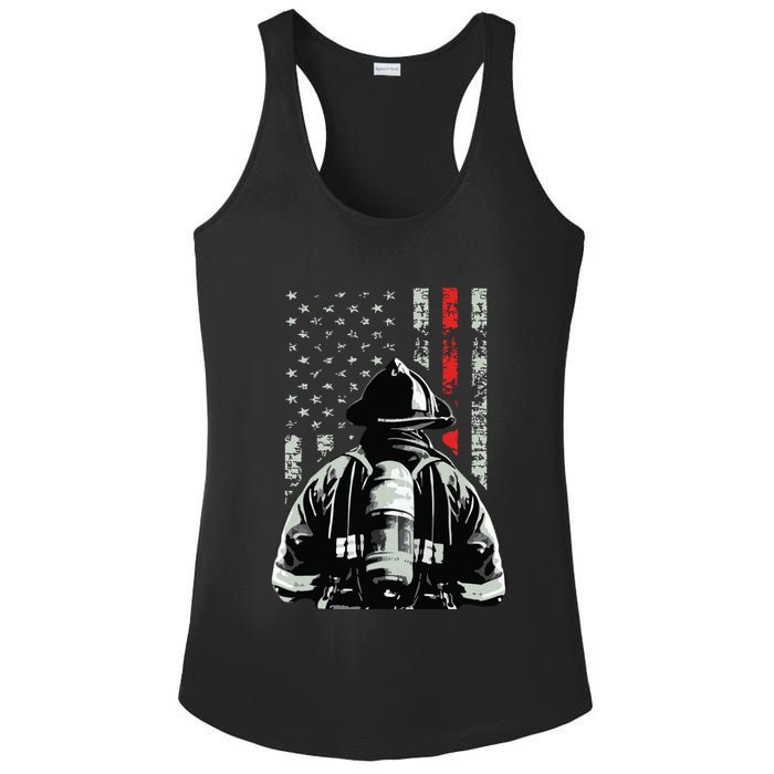 Fireman In Front Of American Flag Cool Firefighter Flag Ladies PosiCharge Competitor Racerback Tank