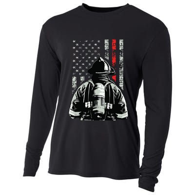 Fireman In Front Of American Flag Cool Firefighter Flag Cooling Performance Long Sleeve Crew