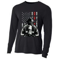 Fireman In Front Of American Flag Cool Firefighter Flag Cooling Performance Long Sleeve Crew
