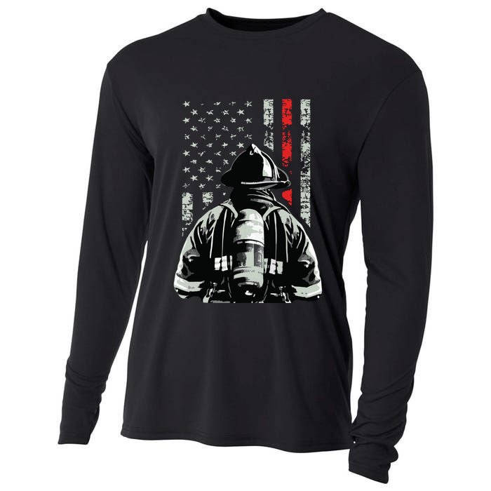 Fireman In Front Of American Flag Cool Firefighter Flag Cooling Performance Long Sleeve Crew