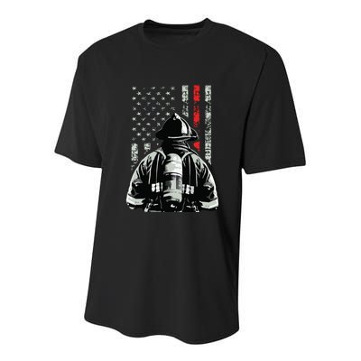 Fireman In Front Of American Flag Cool Firefighter Flag Youth Performance Sprint T-Shirt
