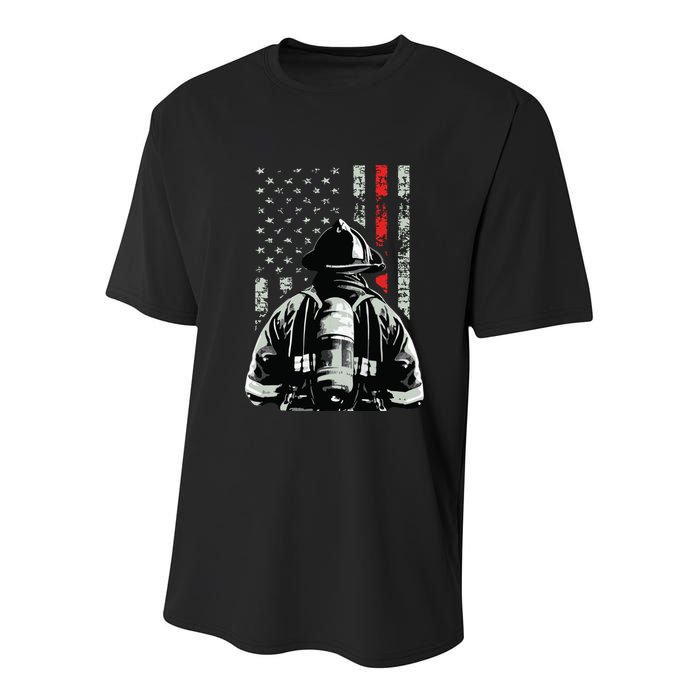 Fireman In Front Of American Flag Cool Firefighter Flag Youth Performance Sprint T-Shirt