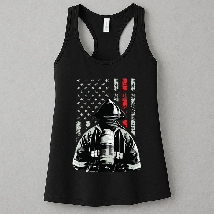 Fireman In Front Of American Flag Cool Firefighter Flag Womens Tank Top