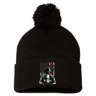 Fireman In Front Of American Flag Cool Firefighter Flag Pom Pom 12in Knit Beanie