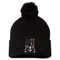 Fireman In Front Of American Flag Cool Firefighter Flag Pom Pom 12in Knit Beanie