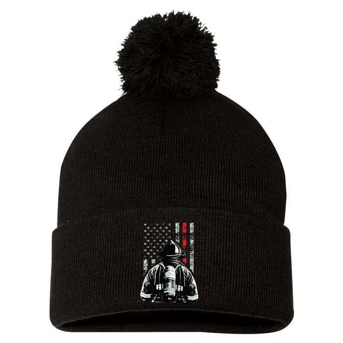 Fireman In Front Of American Flag Cool Firefighter Flag Pom Pom 12in Knit Beanie