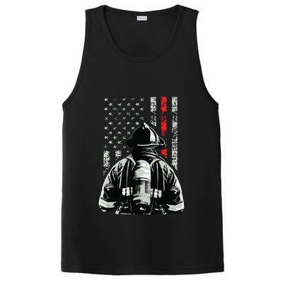 Fireman In Front Of American Flag Cool Firefighter Flag PosiCharge Competitor Tank