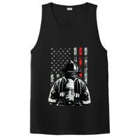 Fireman In Front Of American Flag Cool Firefighter Flag PosiCharge Competitor Tank
