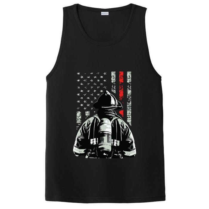 Fireman In Front Of American Flag Cool Firefighter Flag PosiCharge Competitor Tank