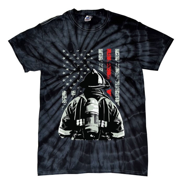 Fireman In Front Of American Flag Cool Firefighter Flag Tie-Dye T-Shirt
