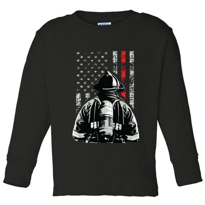Fireman In Front Of American Flag Cool Firefighter Flag Toddler Long Sleeve Shirt