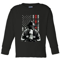 Fireman In Front Of American Flag Cool Firefighter Flag Toddler Long Sleeve Shirt