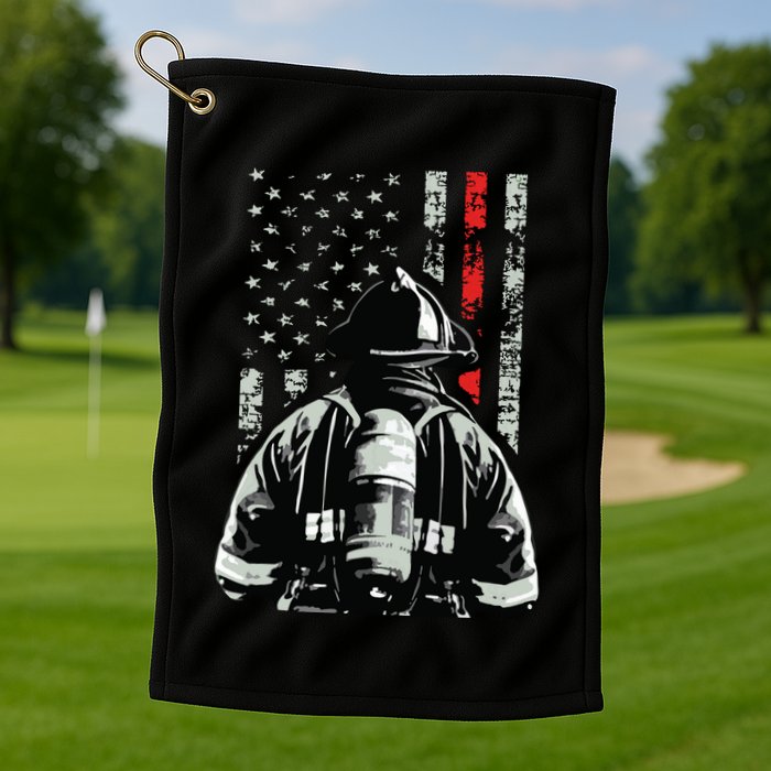 Fireman In Front Of American Flag Cool Firefighter Flag Golf Towel