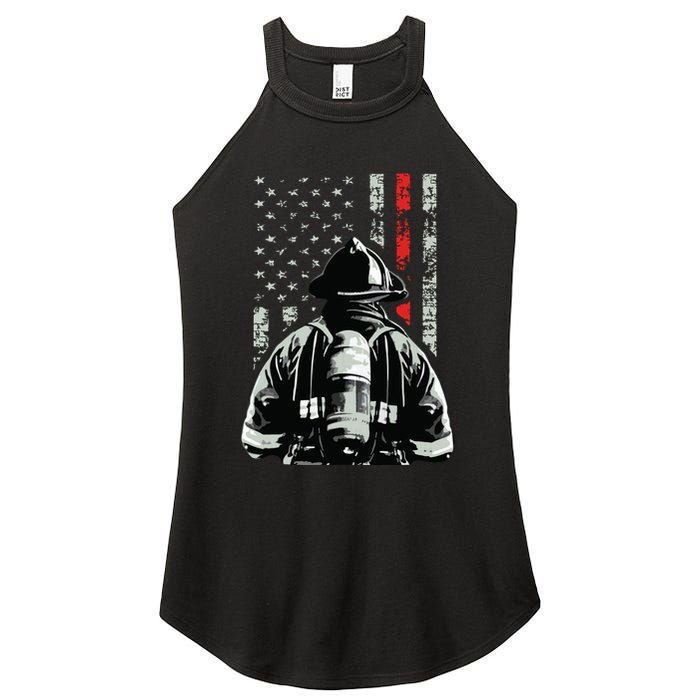 Fireman In Front Of American Flag Cool Firefighter Flag Women's Perfect Tri Rocker Tank
