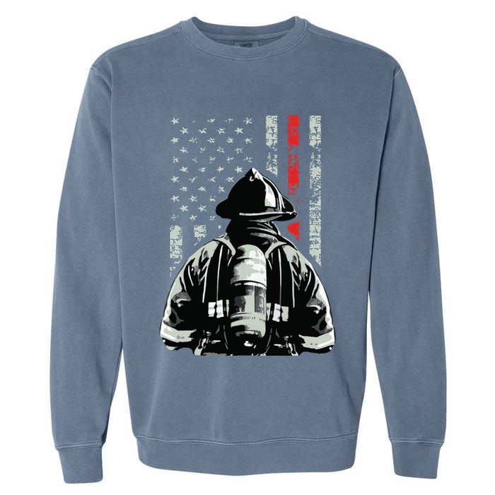 Fireman In Front Of American Flag Cool Firefighter Flag Garment-Dyed Sweatshirt
