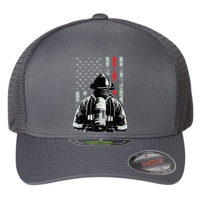 Fireman In Front Of American Flag Cool Firefighter Flag Flexfit Unipanel Trucker Cap