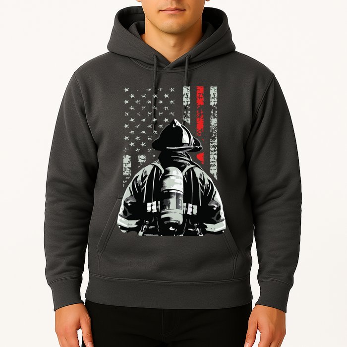 Fireman In Front Of American Flag Cool Firefighter Flag Hoodie