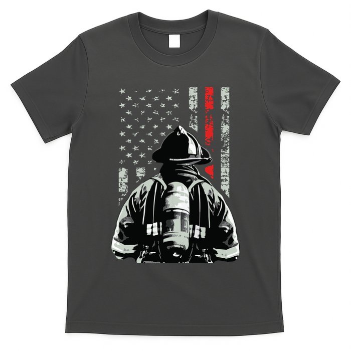 Fireman In Front Of American Flag Cool Firefighter Flag T-Shirt