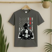 Fireman In Front Of American Flag Cool Firefighter Flag T-Shirt