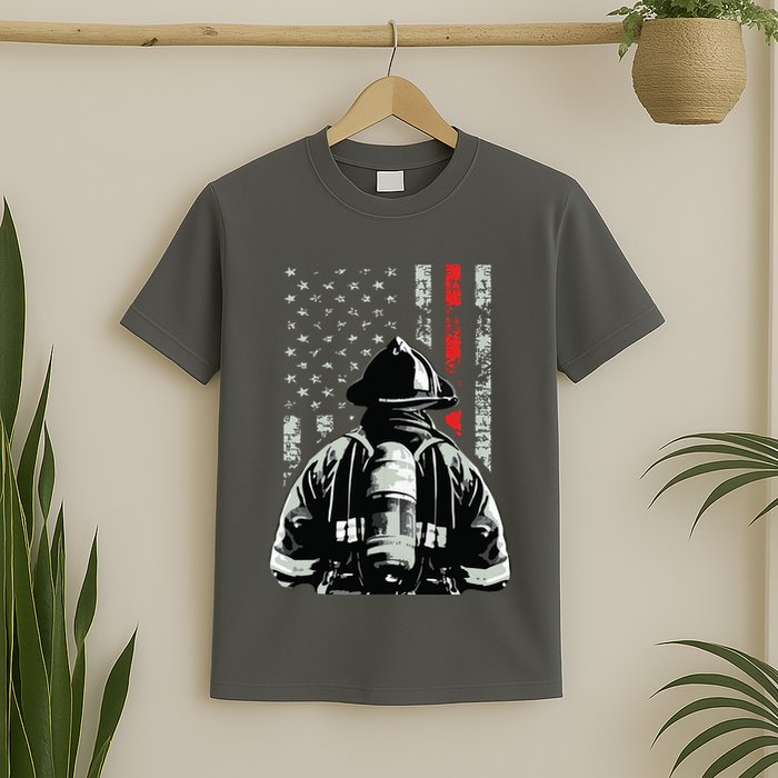 Fireman In Front Of American Flag Cool Firefighter Flag T-Shirt