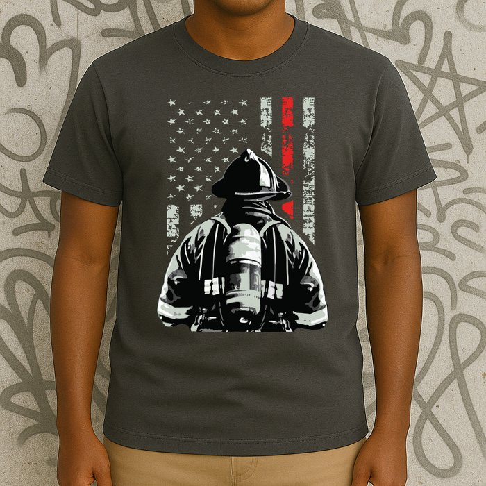 Fireman In Front Of American Flag Cool Firefighter Flag T-Shirt