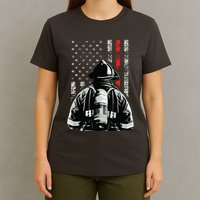 Fireman In Front Of American Flag Cool Firefighter Flag T-Shirt
