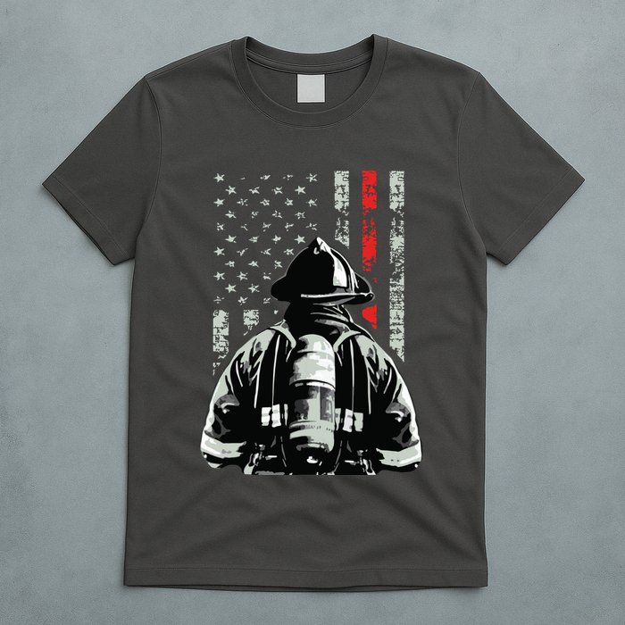 Fireman In Front Of American Flag Cool Firefighter Flag T-Shirt