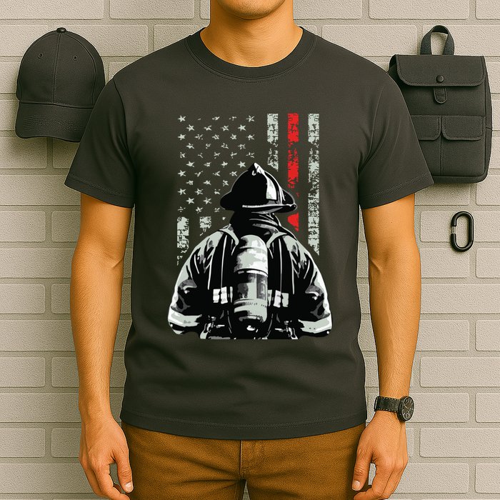 Fireman In Front Of American Flag Cool Firefighter Flag T-Shirt