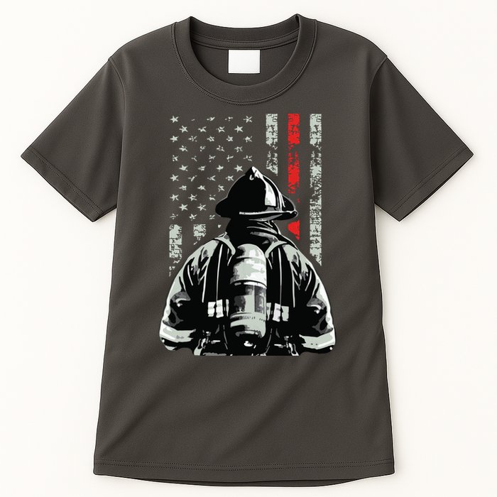 Fireman In Front Of American Flag Cool Firefighter Flag Tall T-Shirt