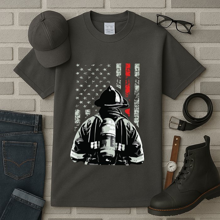 Fireman In Front Of American Flag Cool Firefighter Flag Tall T-Shirt