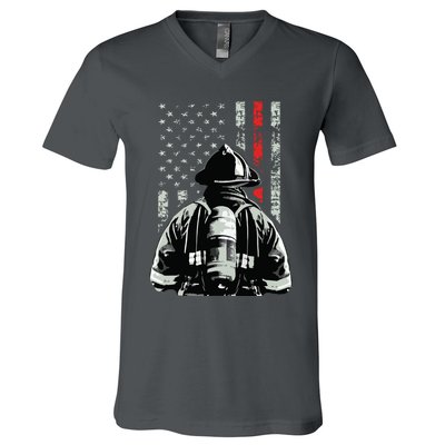Fireman In Front Of American Flag Cool Firefighter Flag V-Neck T-Shirt