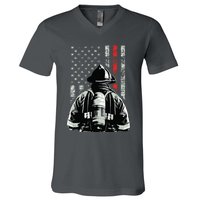 Fireman In Front Of American Flag Cool Firefighter Flag V-Neck T-Shirt