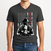 Fireman In Front Of American Flag Cool Firefighter Flag V-Neck T-Shirt
