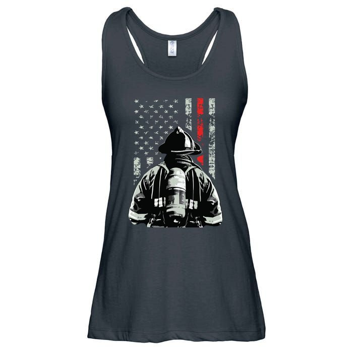 Fireman In Front Of American Flag Cool Firefighter Flag Ladies Essential Flowy Tank