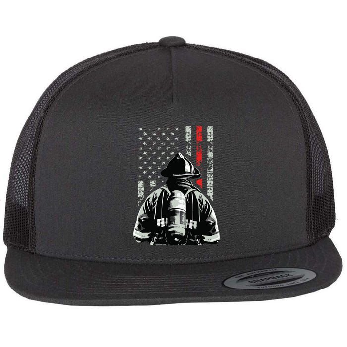 Fireman In Front Of American Flag Cool Firefighter Flag Flatbill Hat