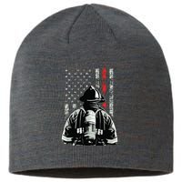 Fireman In Front Of American Flag Cool Firefighter Flag Sustainable Beanie
