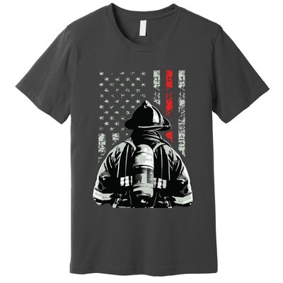 Fireman In Front Of American Flag Cool Firefighter Flag Premium T-Shirt