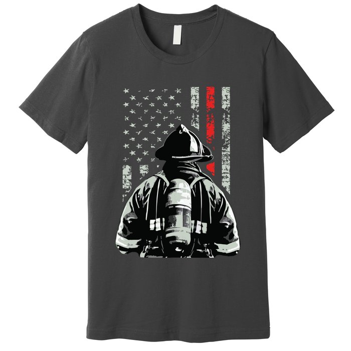 Fireman In Front Of American Flag Cool Firefighter Flag Premium T-Shirt