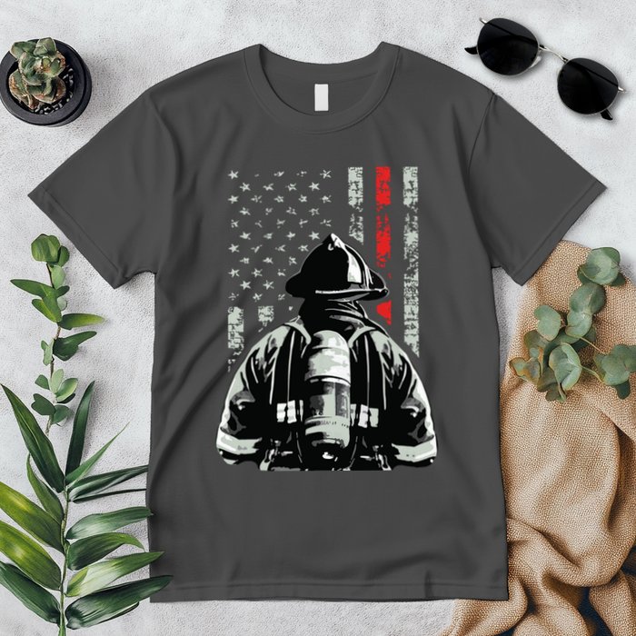 Fireman In Front Of American Flag Cool Firefighter Flag Premium T-Shirt