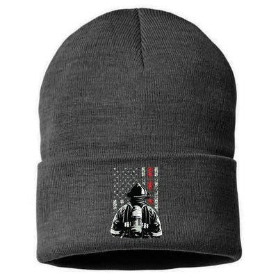 Fireman In Front Of American Flag Cool Firefighter Flag Sustainable Knit Beanie