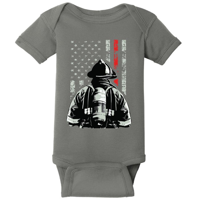 Fireman In Front Of American Flag Cool Firefighter Flag Baby Bodysuit