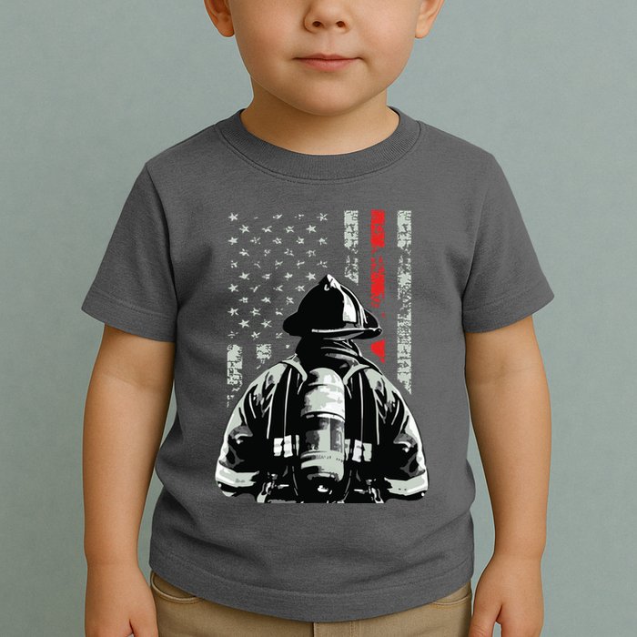 Fireman In Front Of American Flag Cool Firefighter Flag Toddler T-Shirt