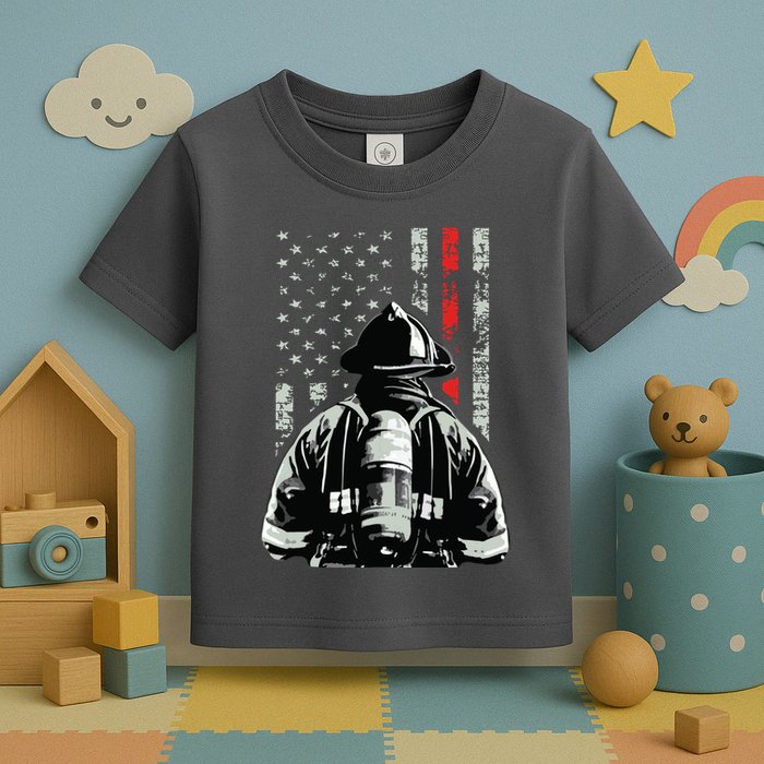 Fireman In Front Of American Flag Cool Firefighter Flag Toddler T-Shirt