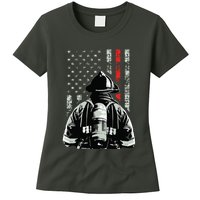 Fireman In Front Of American Flag Cool Firefighter Flag Womens T-Shirt