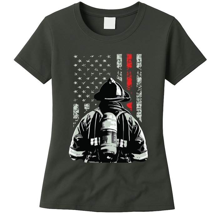 Fireman In Front Of American Flag Cool Firefighter Flag Womens T-Shirt