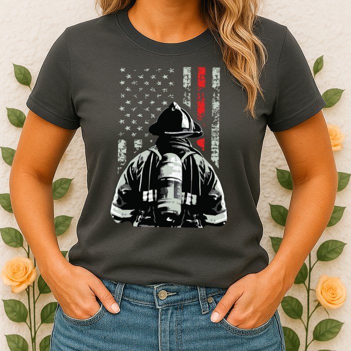 Fireman In Front Of American Flag Cool Firefighter Flag Womens T-Shirt