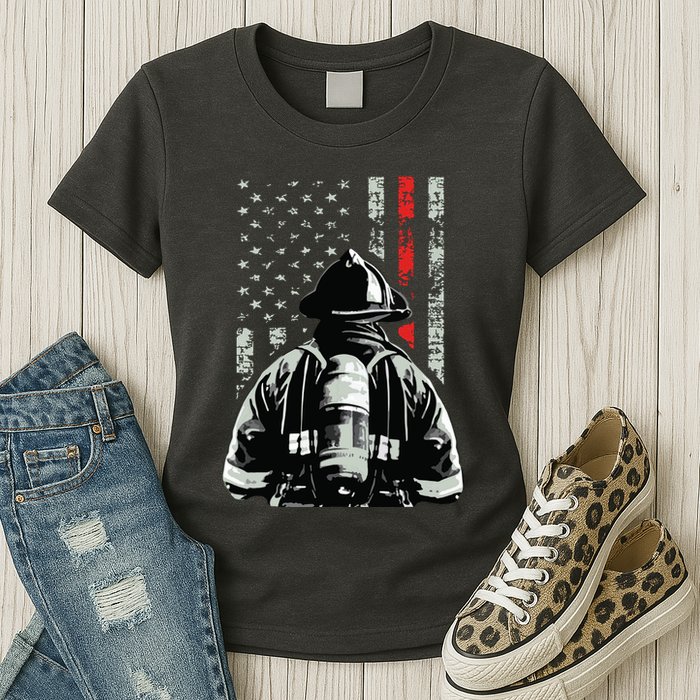 Fireman In Front Of American Flag Cool Firefighter Flag Womens T-Shirt