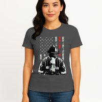 Fireman In Front Of American Flag Cool Firefighter Flag Womens T-Shirt