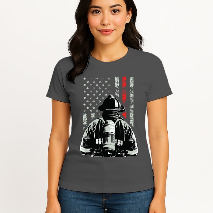 Fireman In Front Of American Flag Cool Firefighter Flag Womens T-Shirt