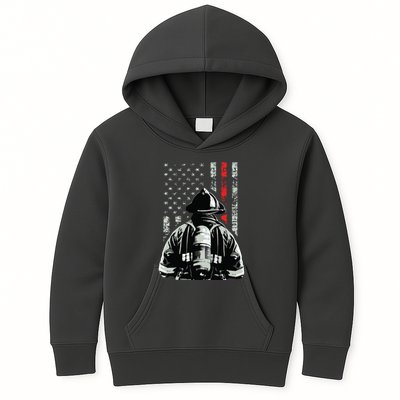 Fireman In Front Of American Flag Cool Firefighter Flag Kids Hoodie